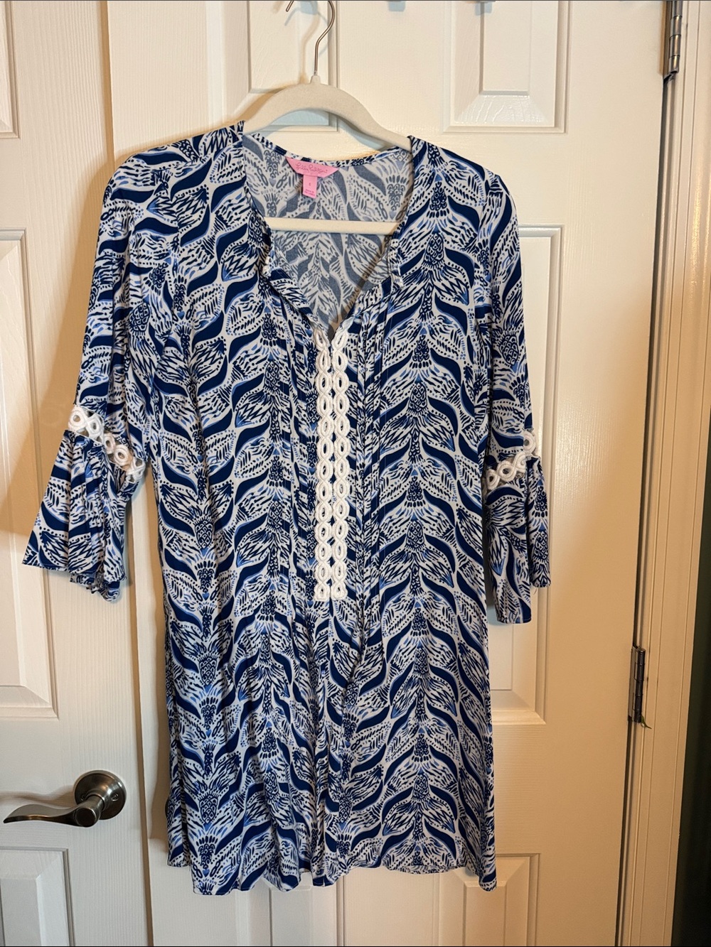 Lilly Pulitzer Navy and White Printed Dress/Tunic with Lace Trim